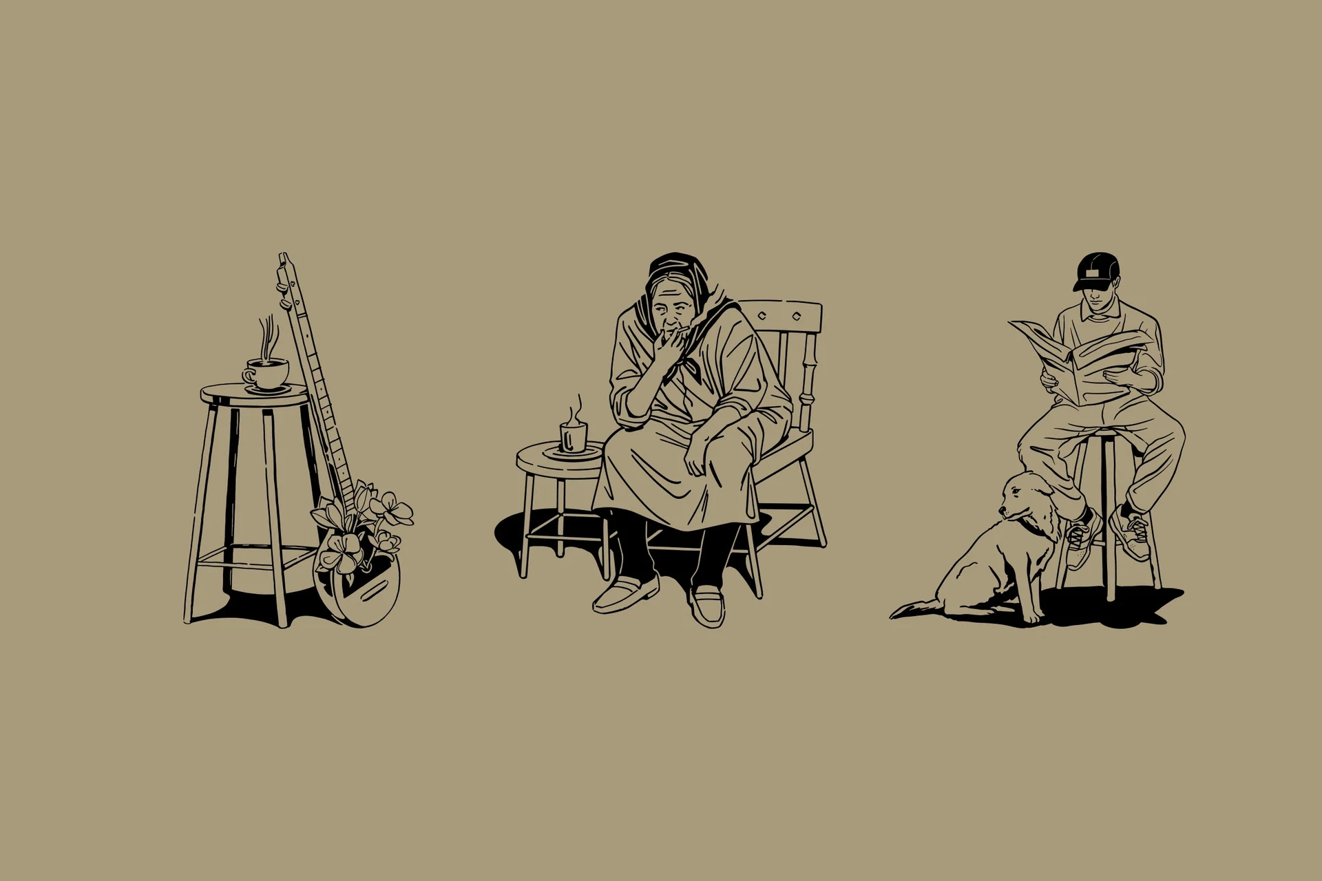Baus line illustrations of barbershop and community scenes on khaki