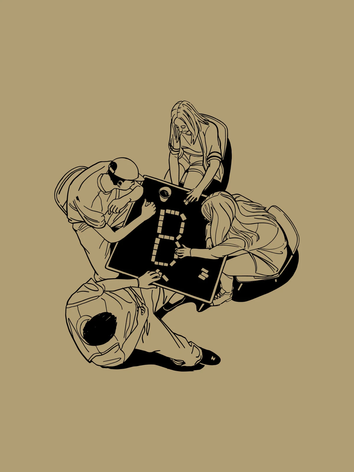 Baus illustration of a barber and client in black line on khaki