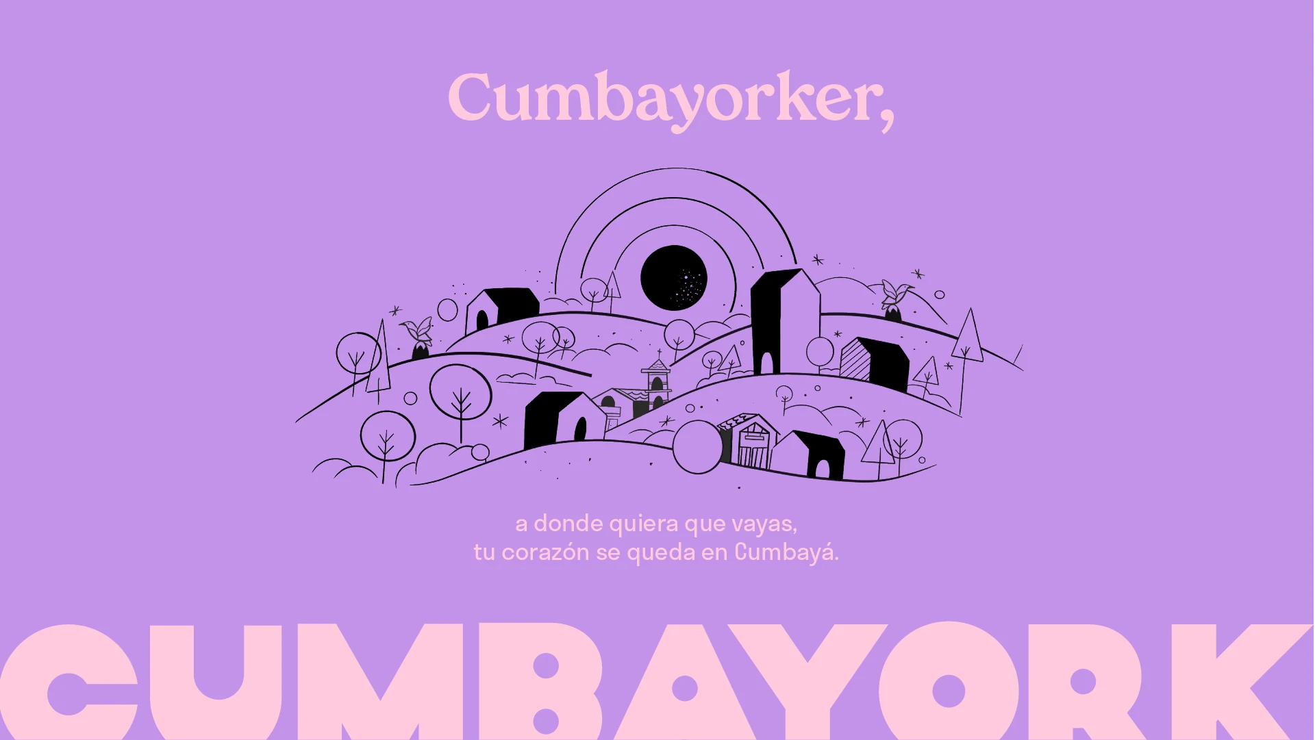 Cumbayork line illustration of Cumbayá's hills and houses on lilac