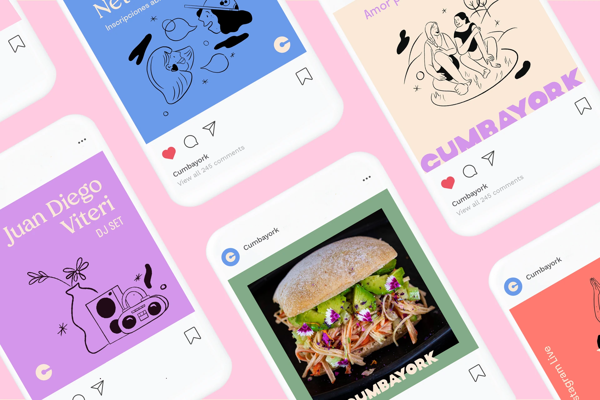 Grid of Cumbayork social media posts with illustrations and food photos