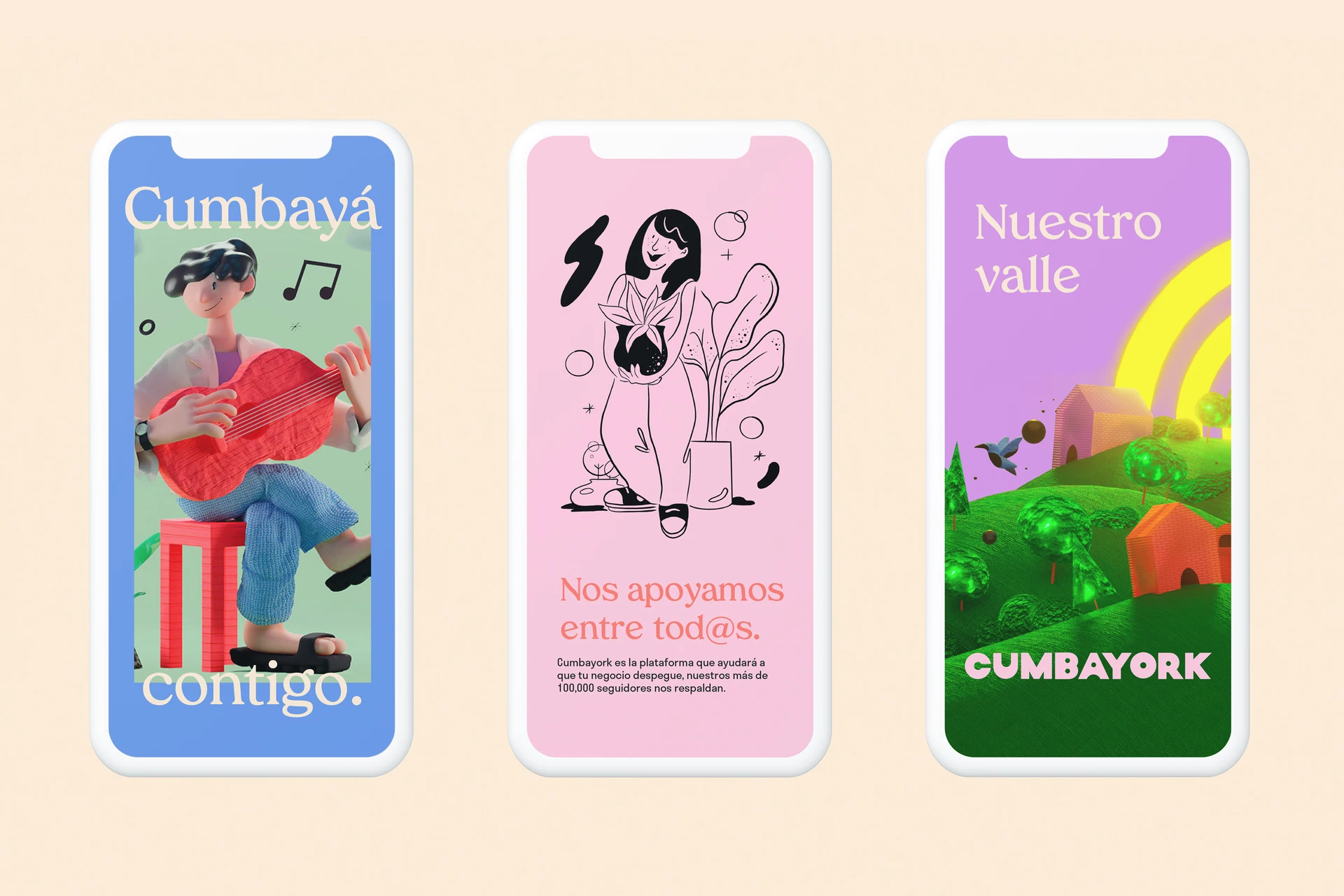 Cumbayork Instagram stories with 3D characters and illustrations