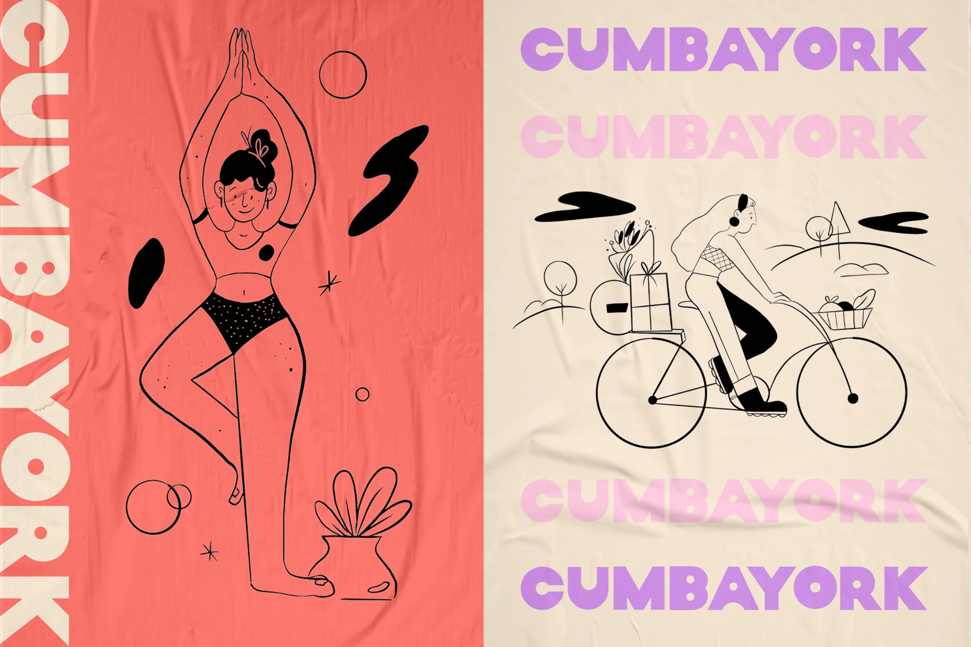 Cumbayork posters with yoga and cycling line illustrations