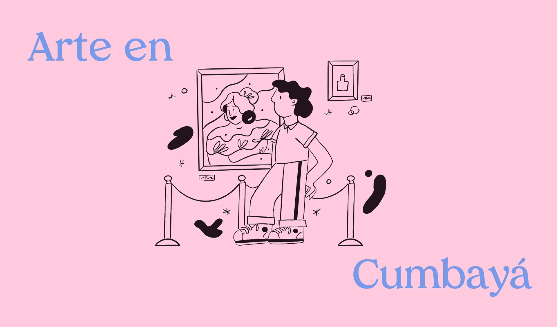 “Arte en Cumbayá” illustration of a gallery visitor on pink