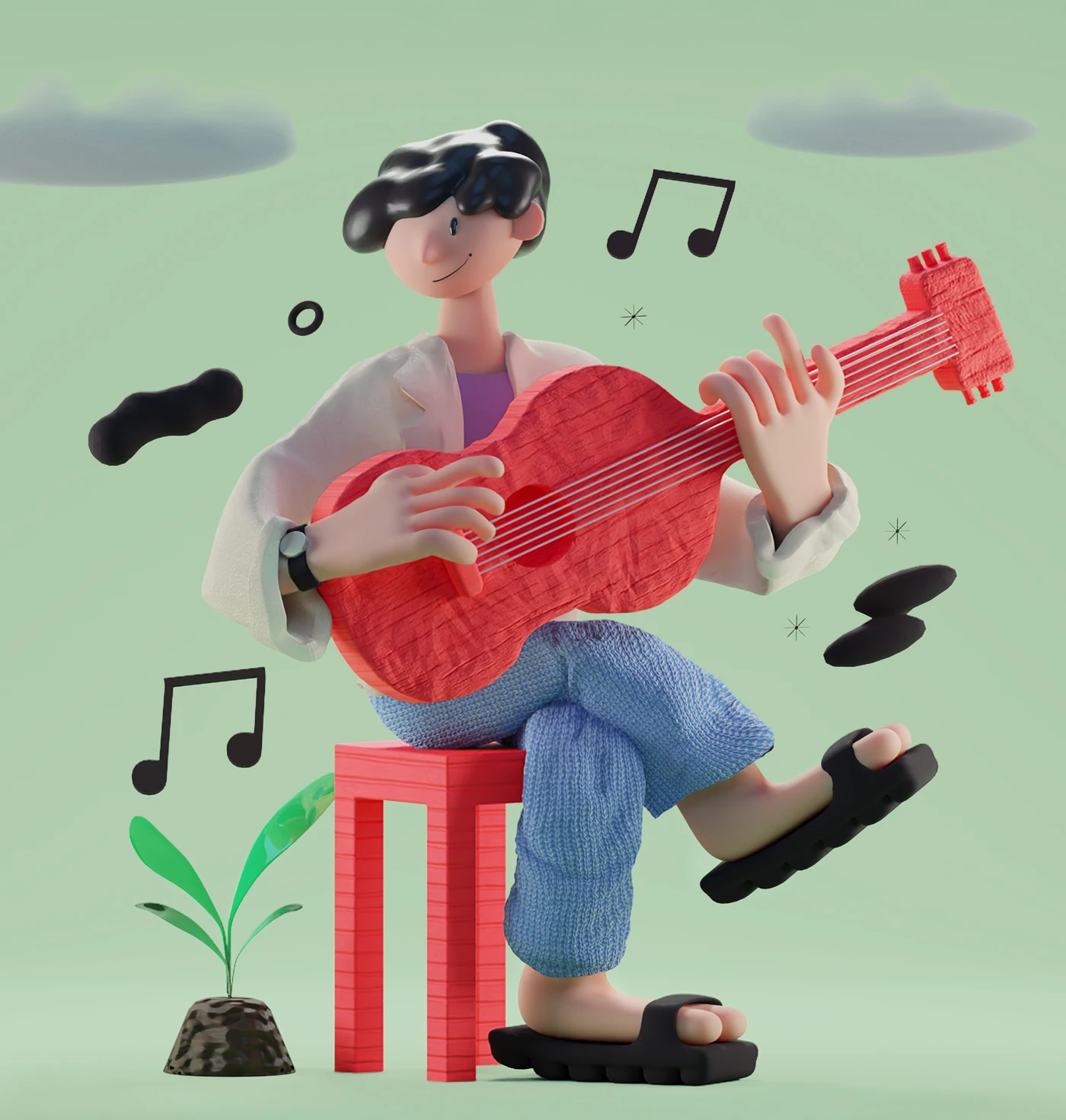 3D musician playing a red guitar for Cumbayork