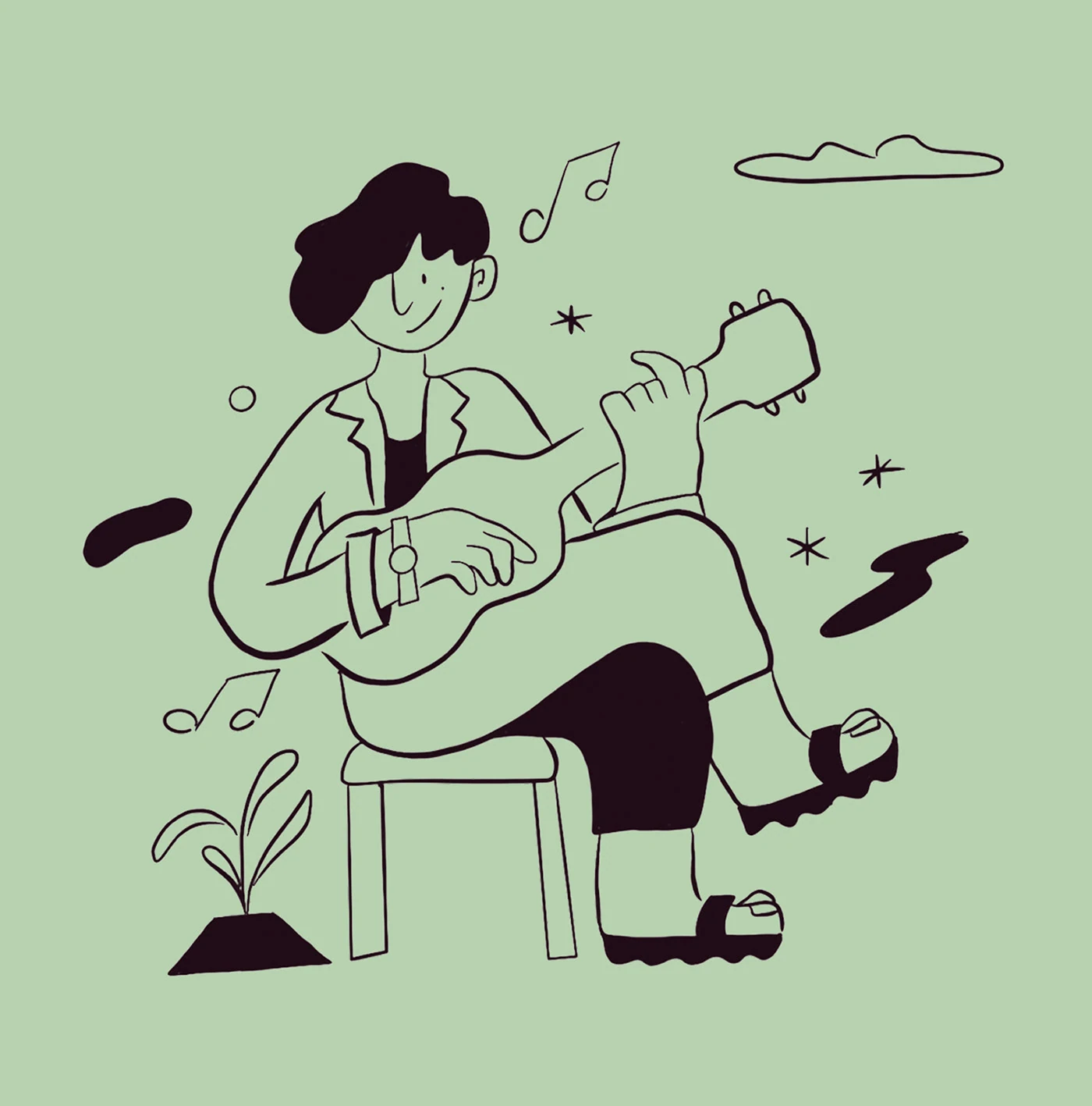 Line illustration of a guitarist for Cumbayork on mint green
