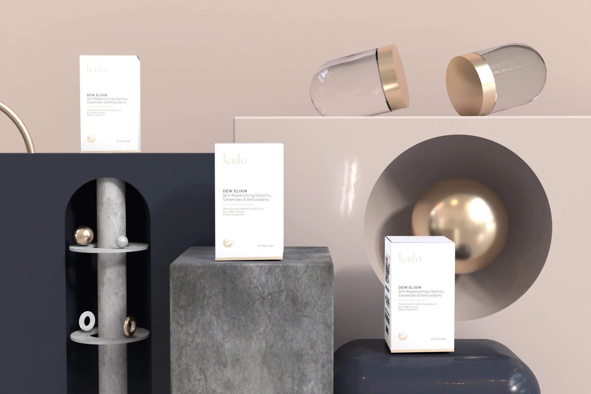 Leulo boxes and bottles in a pastel set with gold spheres