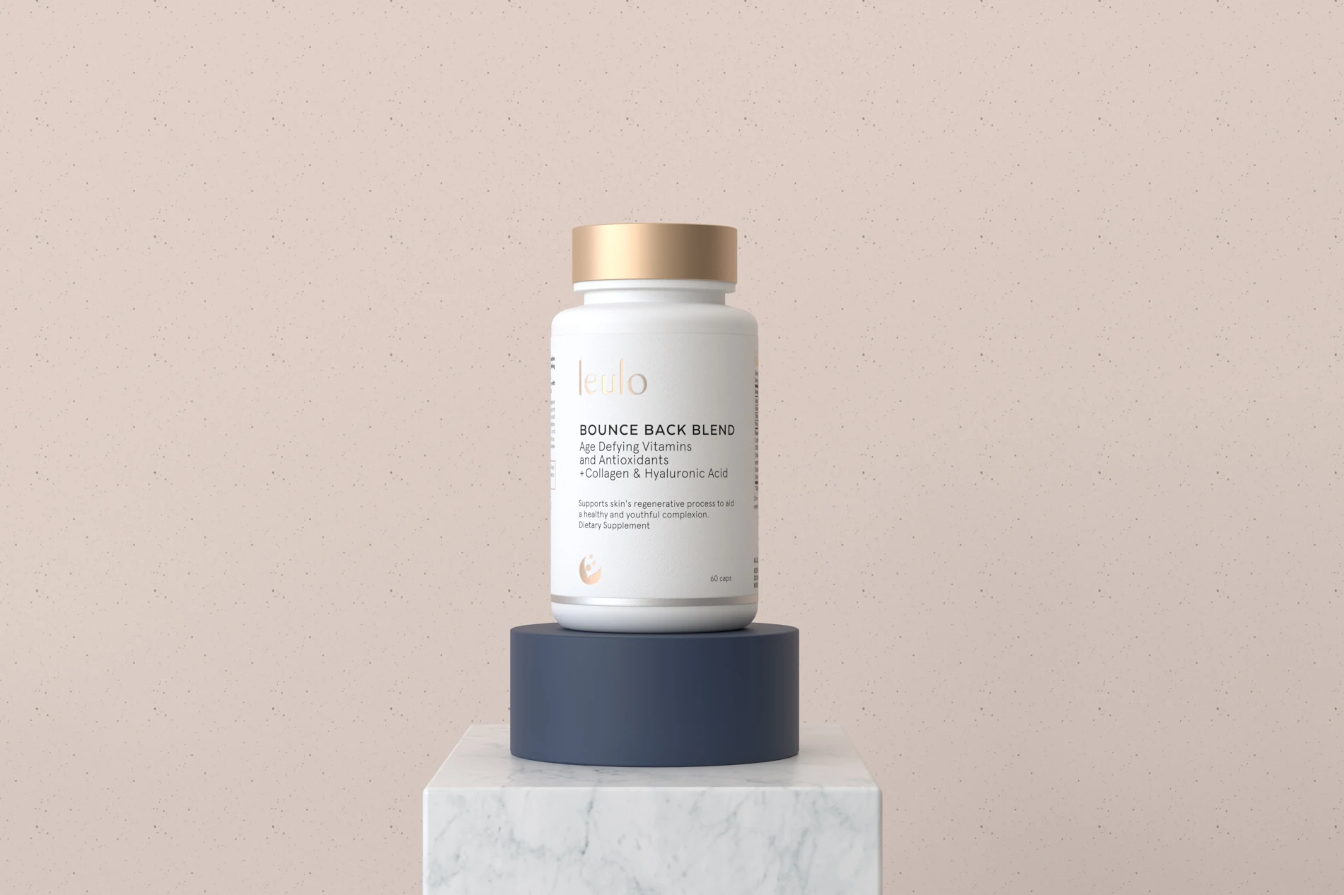 Leulo Bounce Back Blend bottle on a marble pedestal
