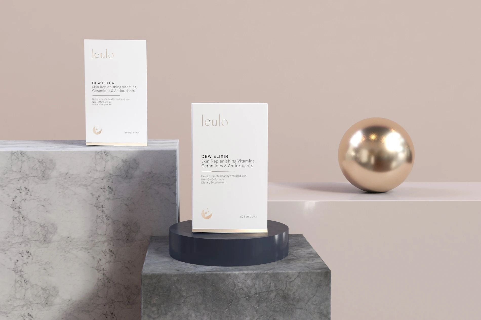 Leulo product boxes on concrete pedestals with a gold sphere