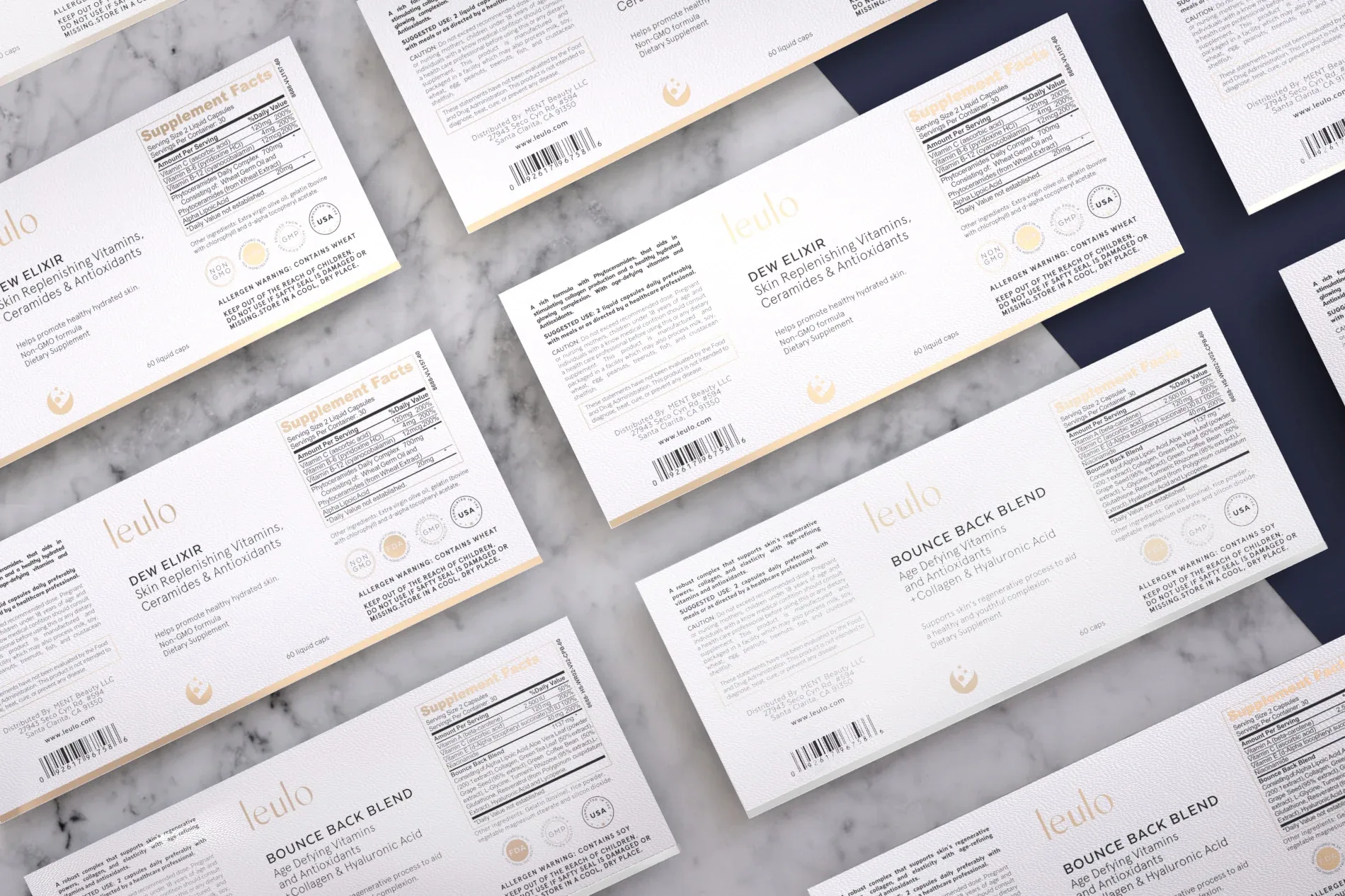 Leulo packaging labels showing benefits and ingredients