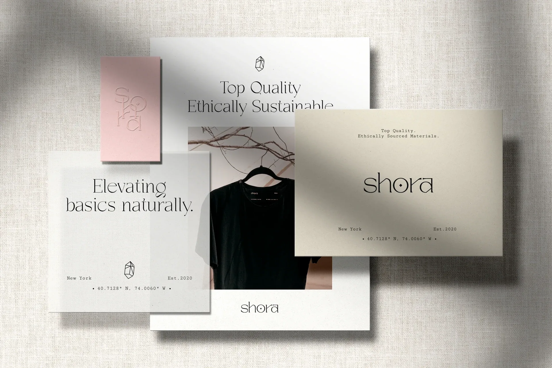Shora stationery and brand cards on linen