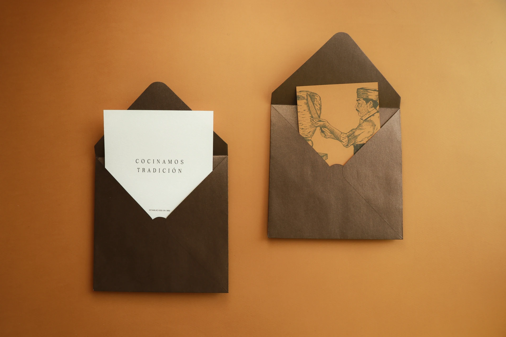 Taquería La Modelo envelopes and cards in brown tones