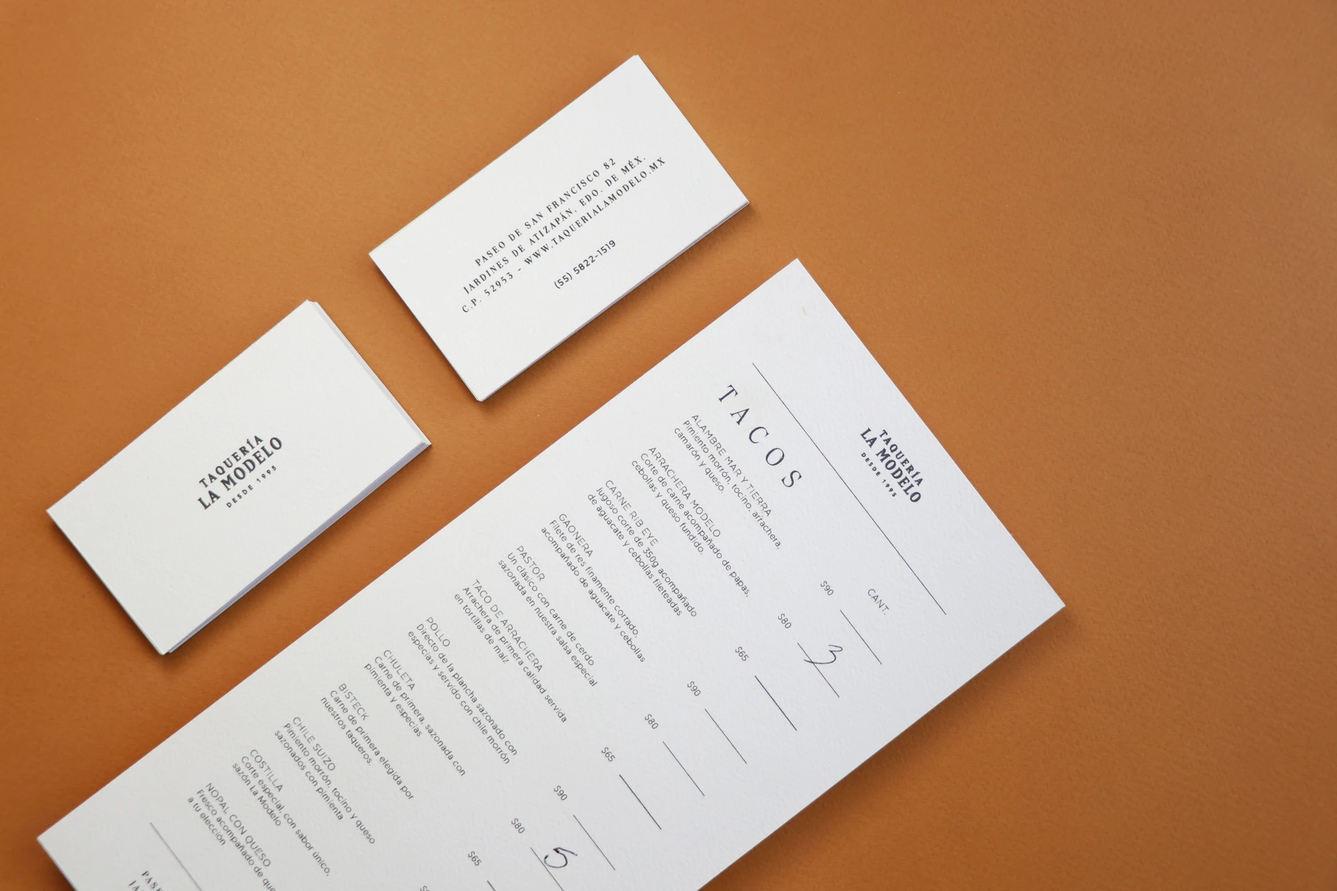 Taquería La Modelo taco menu and business cards