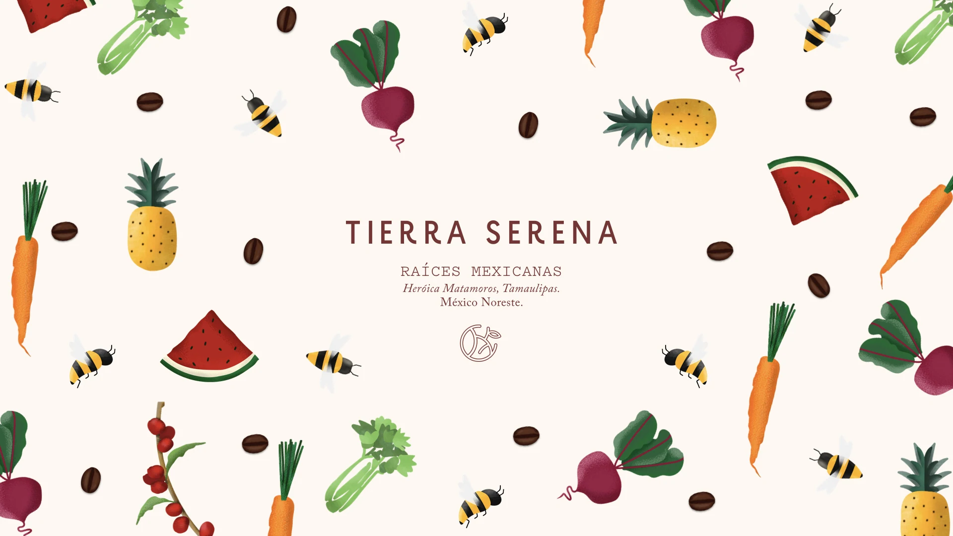 Tierra Serena fruit and vegetable illustrated pattern with logo