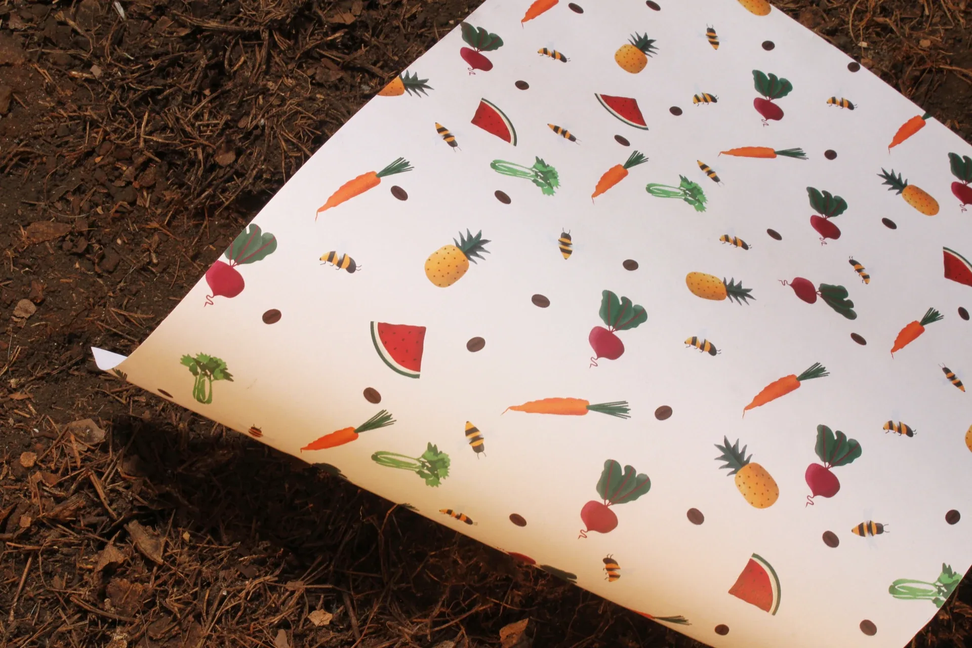 Tierra Serena illustrated wrapping paper on soil