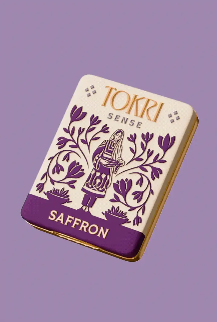 Tokri Sense saffron tin with illustrated purple label